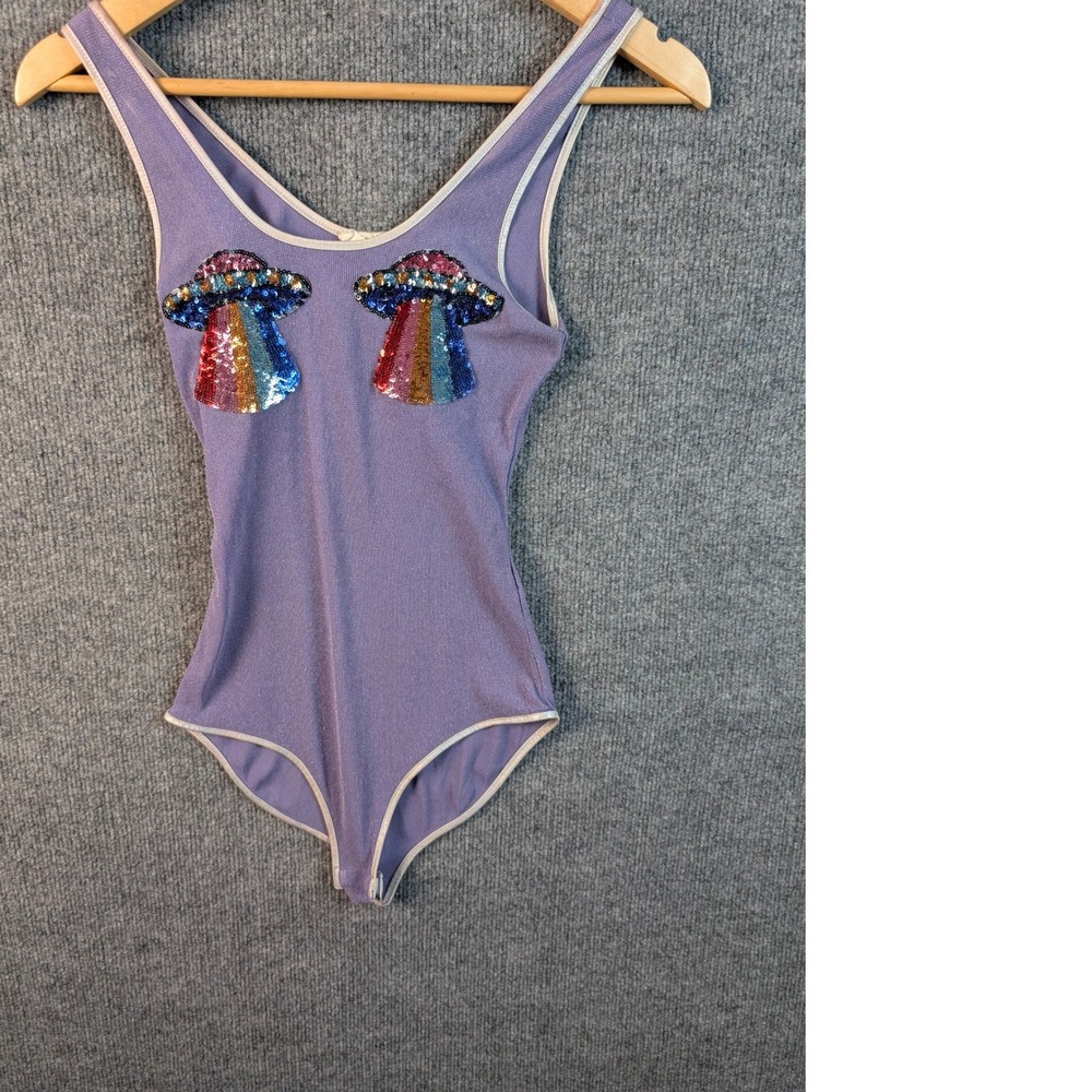 Bear Dance Purple Metallic UFO Sequin Bodysuit Rainbow Alien Festival Rave Small - Picture 2 of 5